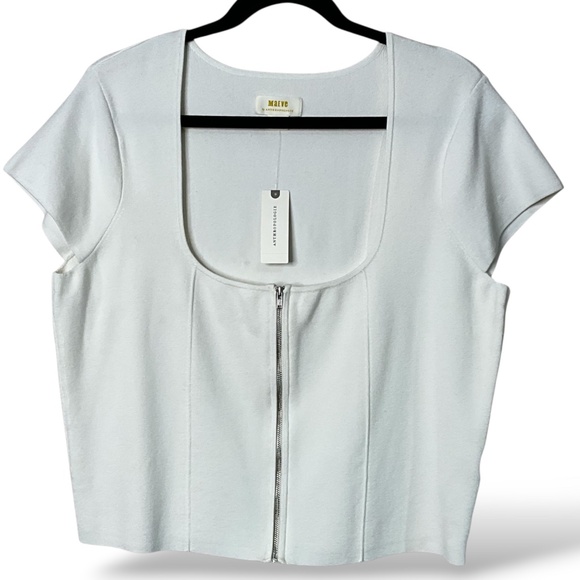 ANTHROPOLOGIE MAEVE Fitted Zipper Front Knit Scoop Neck Top Cap Sleeves NWT XL - Picture 3 of 10